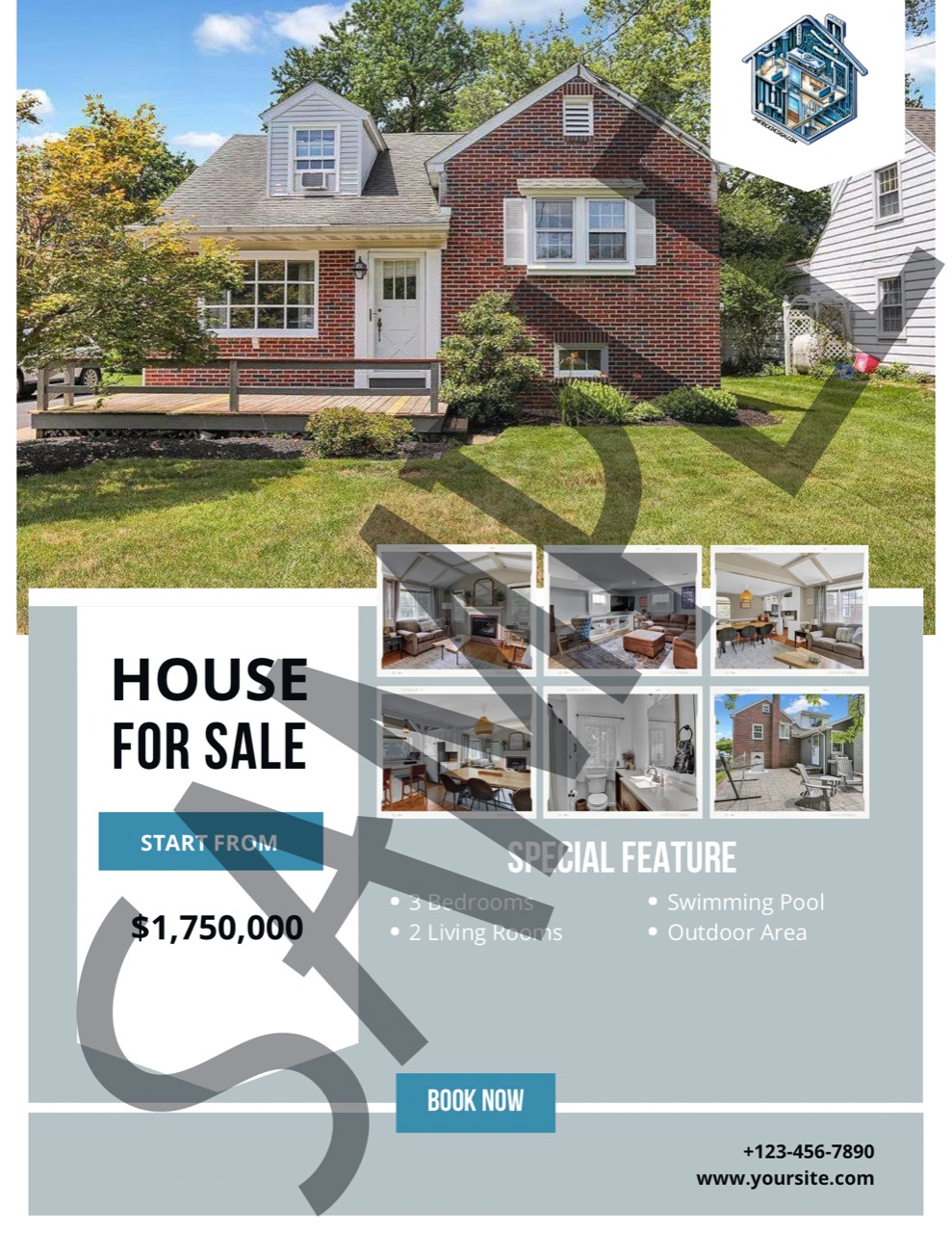 Sample home-for-sale marketing brochure with listing photography and property features
