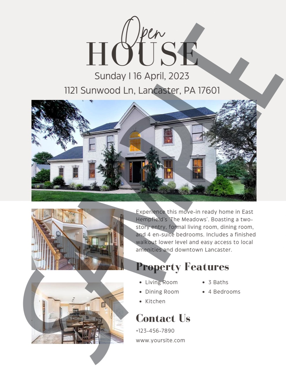 Sample open-house marketing brochure with property photography and feature information