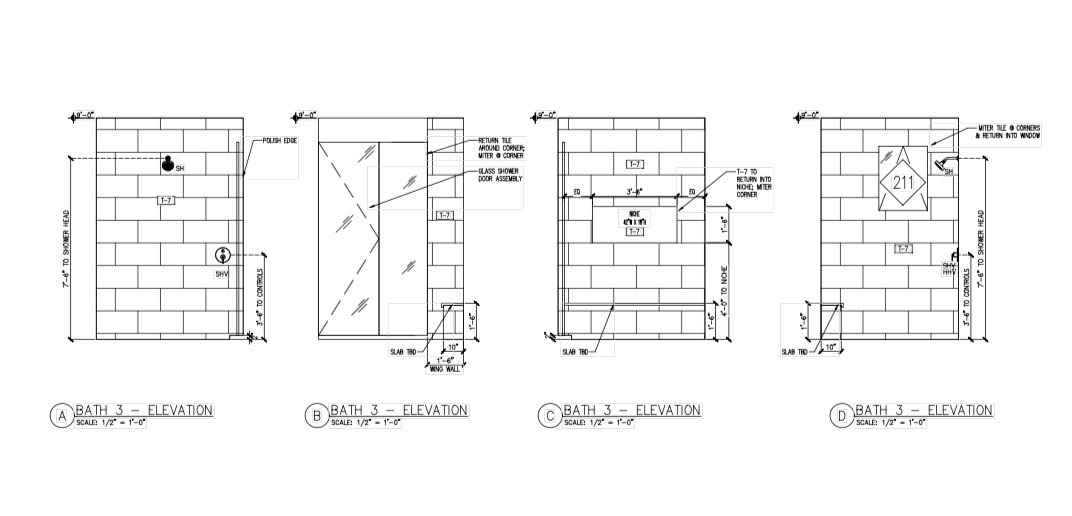 Four coordinated bathroom elevations with tile, shower glass, niches, and dimensions