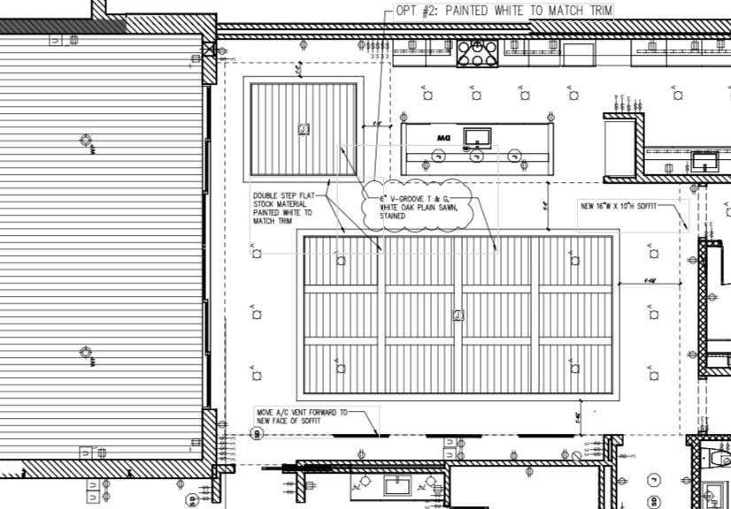 Reflected ceiling coordination plan with beams, soffits, lighting, equipment, and millwork