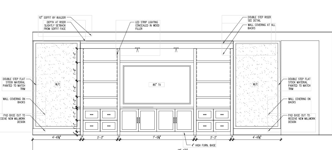 Detailed custom media wall and millwork elevation