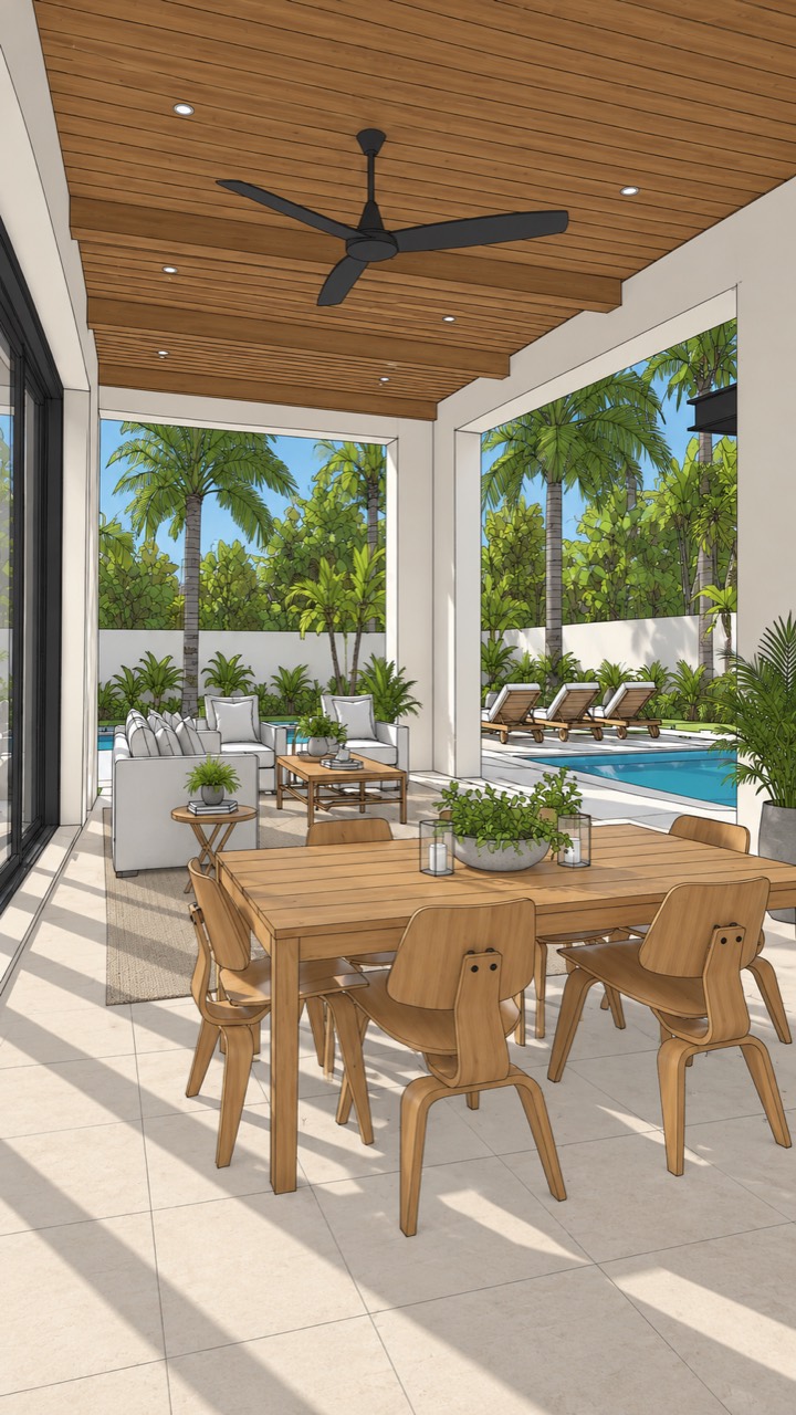Furnished covered lanai visualization developed from the technical drawing