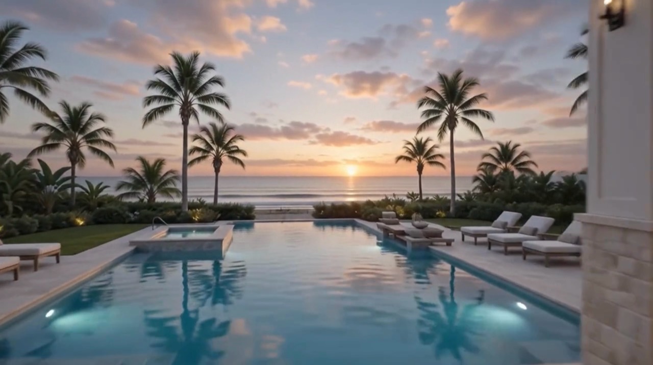 Oceanfront pool visualization framed by palms at sunset