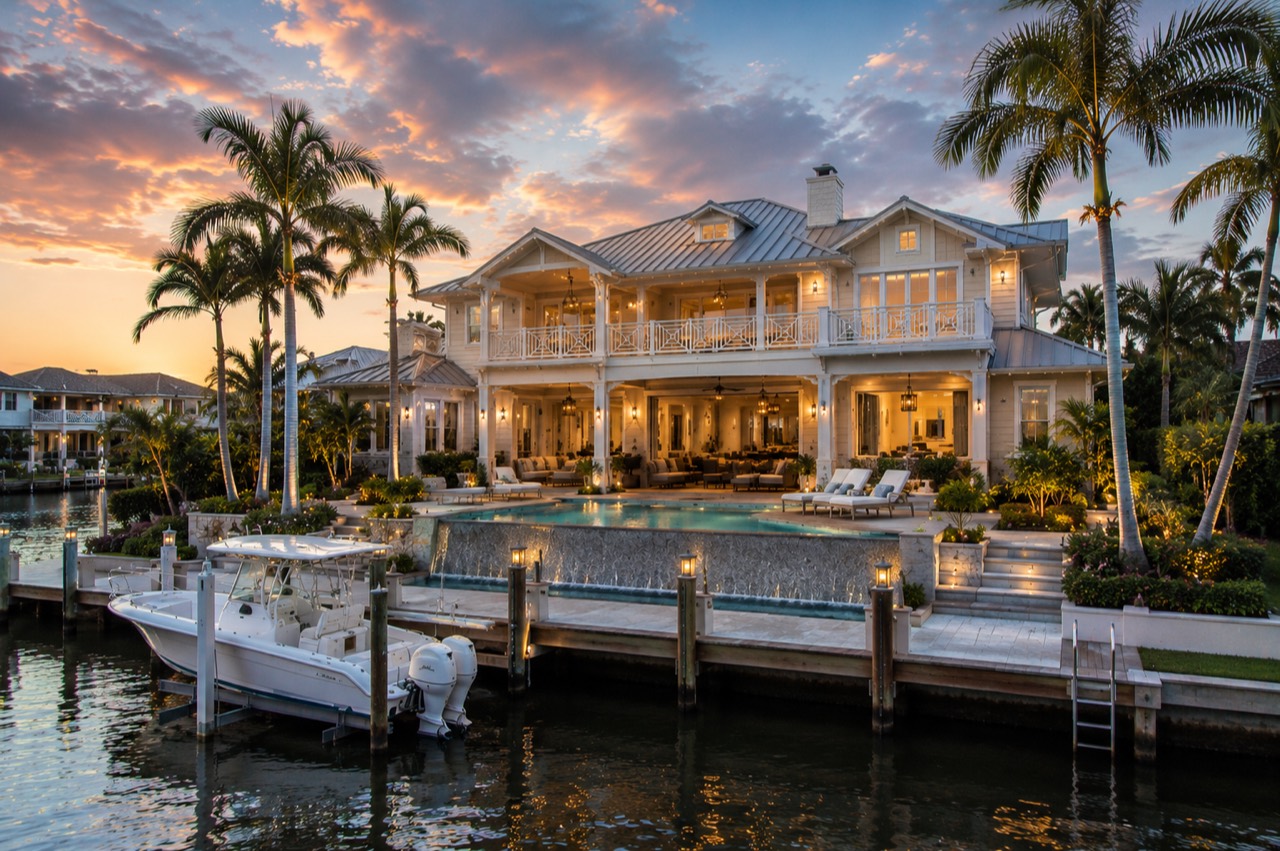 Coastal waterfront residence visualization at sunset with an infinity pool and private dock