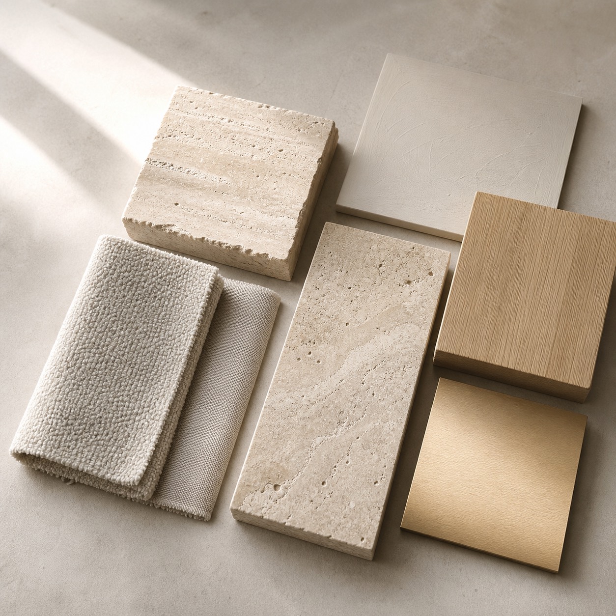 Warm neutral architectural material palette in coastal light