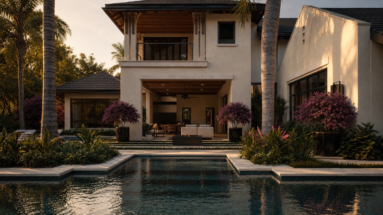 Rear pool courtyard rendering of the Ridgewood residence at golden hour
