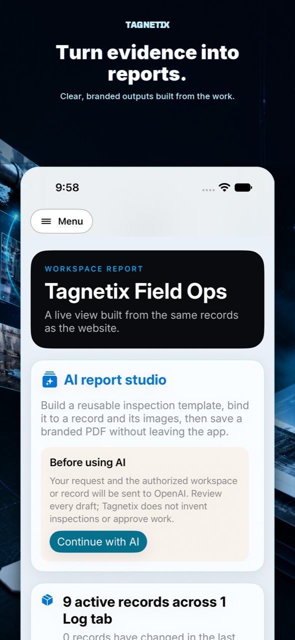 Mobile Tagnetix AI report studio interface